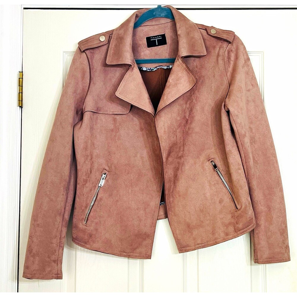 Tahari Taupe Faux Suede Moto Biker Jacket Zip Pockets Medium